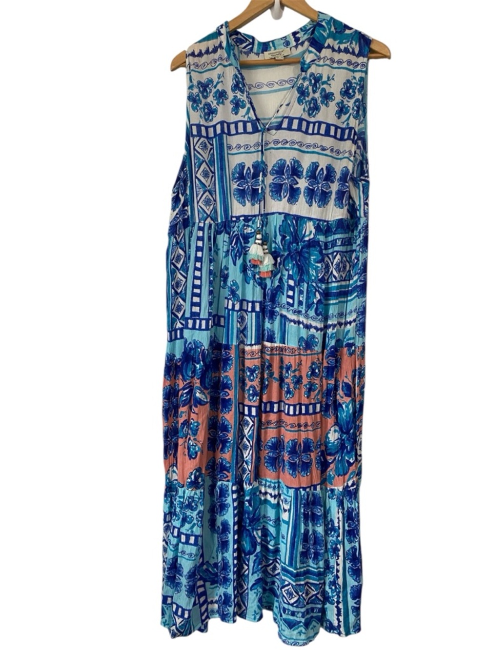 ORIENTIQUE sleeveless tiered maxi dress V-neck tassel ties Blue Coral Floral L